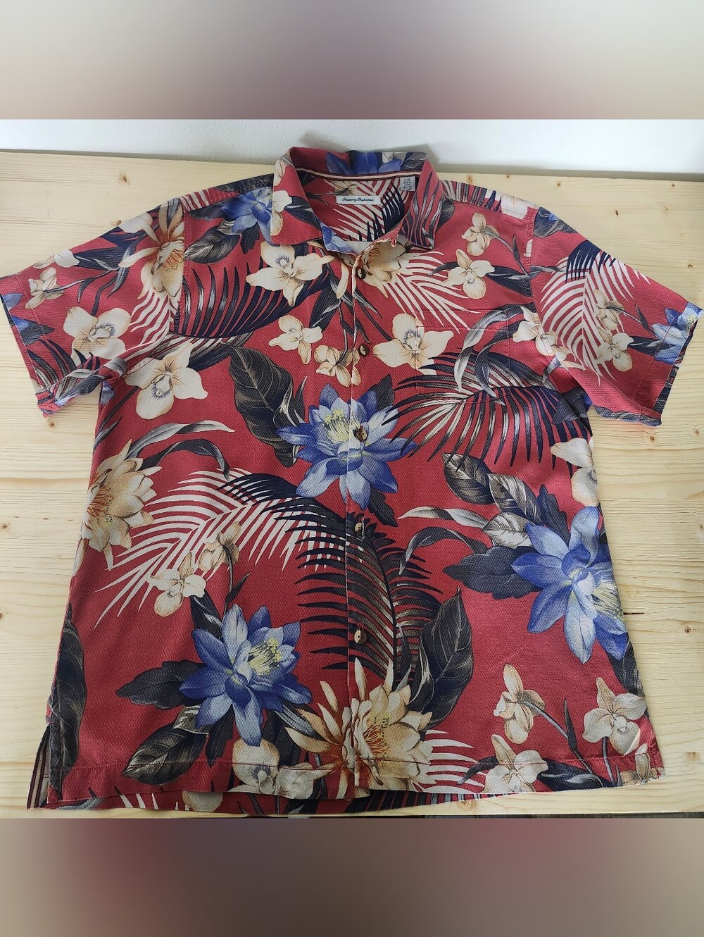 Tommy Bahama 100% Silk Coral and Navy Tropical Print Shirt Men's L